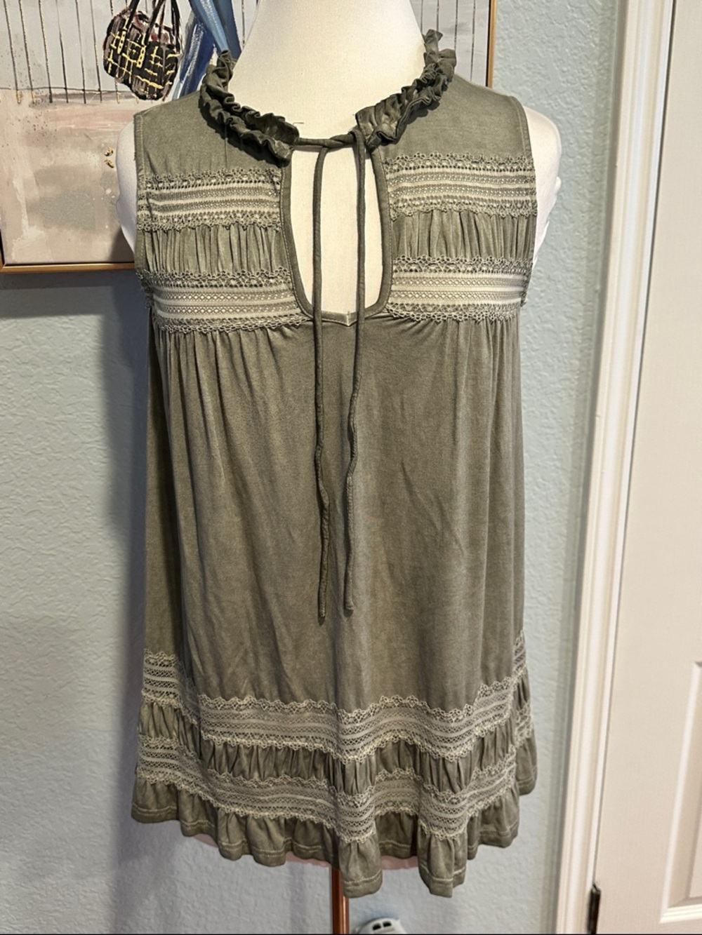POL Sz Small Olive Green Ruffled Tie-Neck Camisole